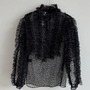 Akris Punti black Sheer Ruffle Top with gold dot details Size 2